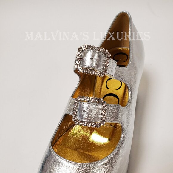 GUCCI SHOES SILVER LEATHER CUT OUT WEDGE PUMP CRYSTAL BUCKLES - Picture 7 of 13